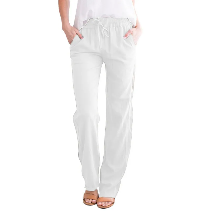 Women Casual Solid Color Cotton And Linen Drawstring Loose Wide-Leg Pants - Image 6