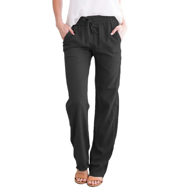 Women Casual Solid Color Cotton And Linen Drawstring Loose Wide-Leg Pants - Image 9