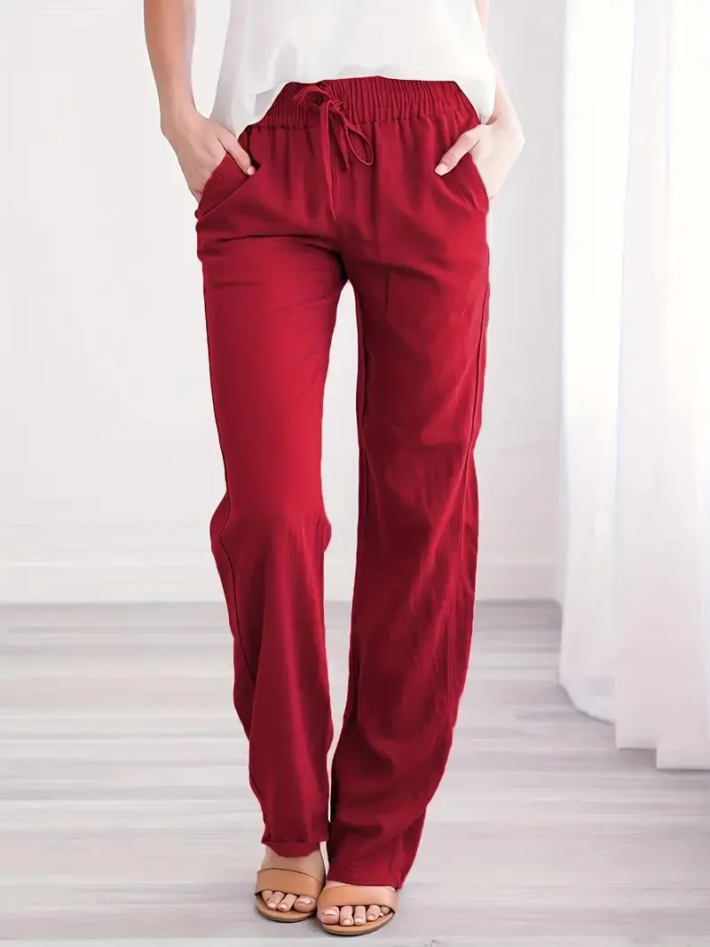 Women Casual Solid Color Cotton And Linen Drawstring Loose Wide-Leg Pants - Image 10