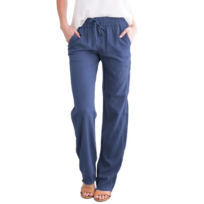 Women Casual Solid Color Cotton And Linen Drawstring Loose Wide-Leg Pants - Image 12