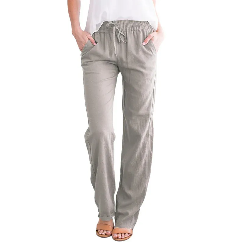 Women Casual Solid Color Cotton And Linen Drawstring Loose Wide-Leg Pants - Image 13