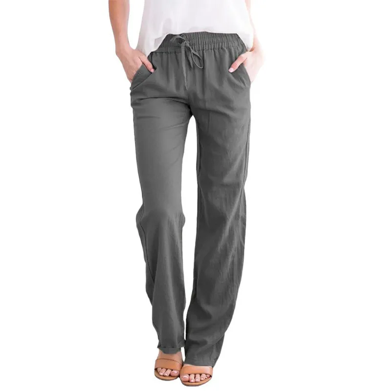 Women Casual Solid Color Cotton And Linen Drawstring Loose Wide-Leg Pants - Image 14