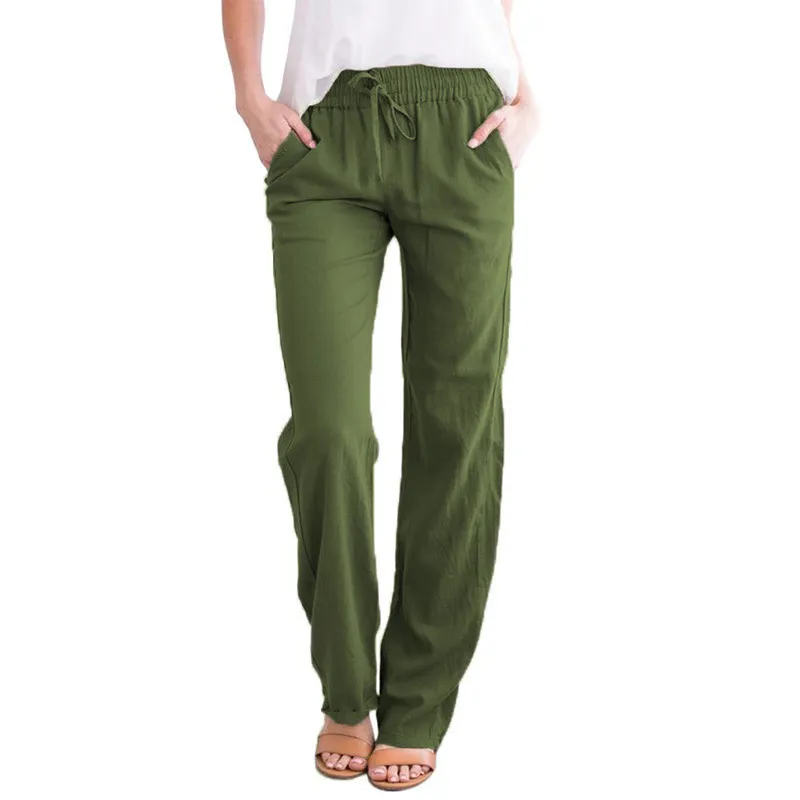 Women Casual Solid Color Cotton And Linen Drawstring Loose Wide-Leg Pants - Image 15