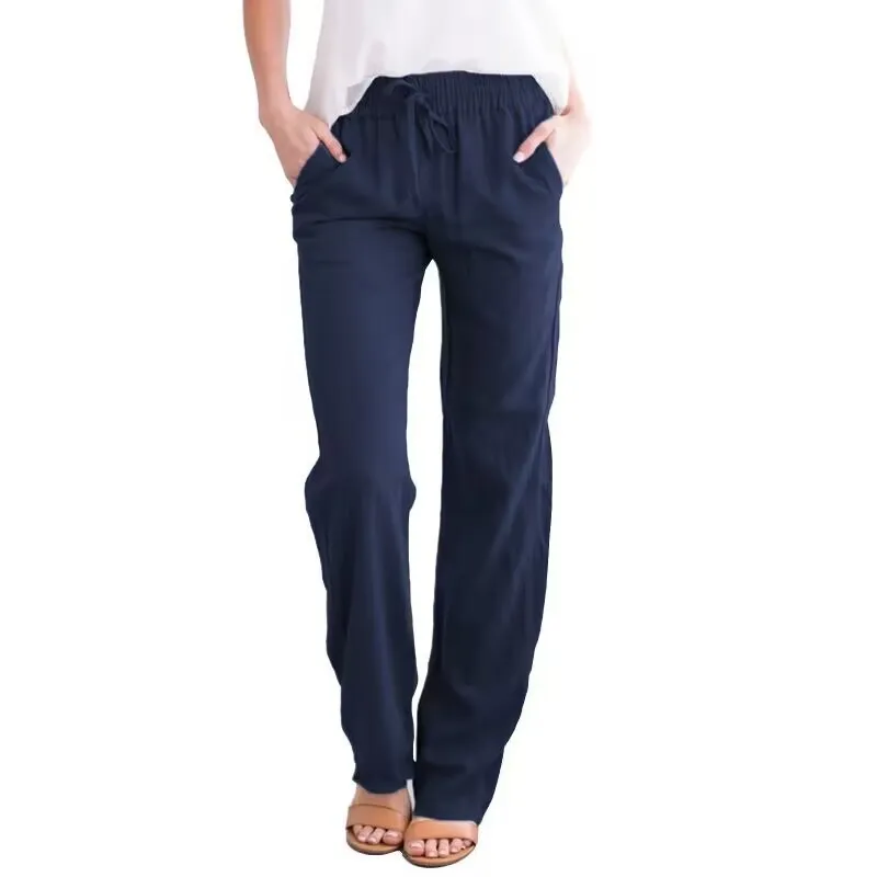 Women Casual Solid Color Cotton And Linen Drawstring Loose Wide-Leg Pants - Image 17