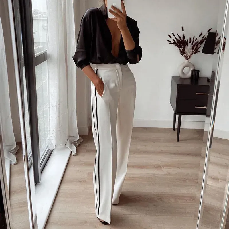 Women Fashion Casual Contrast Color Straight Pants
