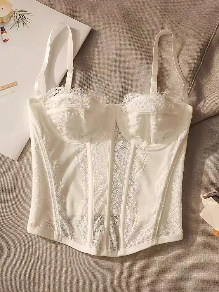 Women Fashion Sexy Solid Color Lace See-Through Corset Camisole - Image 3