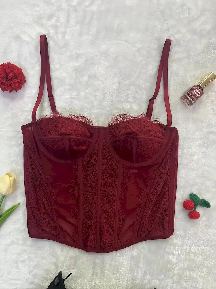 Women Fashion Sexy Solid Color Lace See-Through Corset Camisole - Image 4