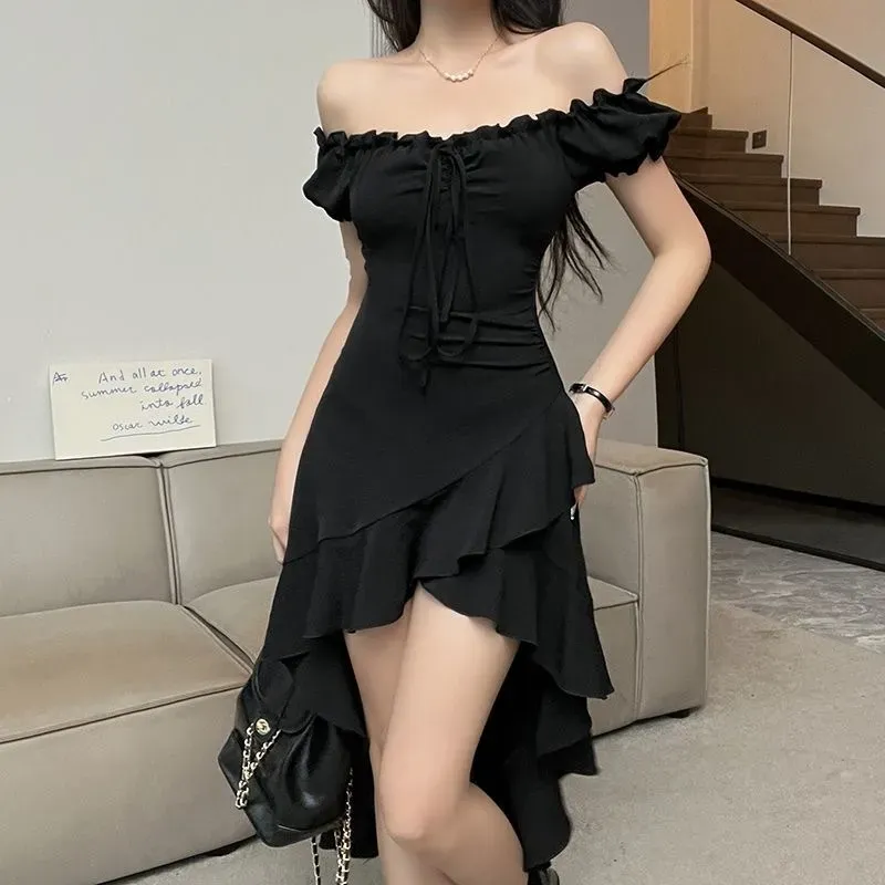 Women Fashion Sexy Black Ruffled Irregular Off-Shoulder Dress - Image 3