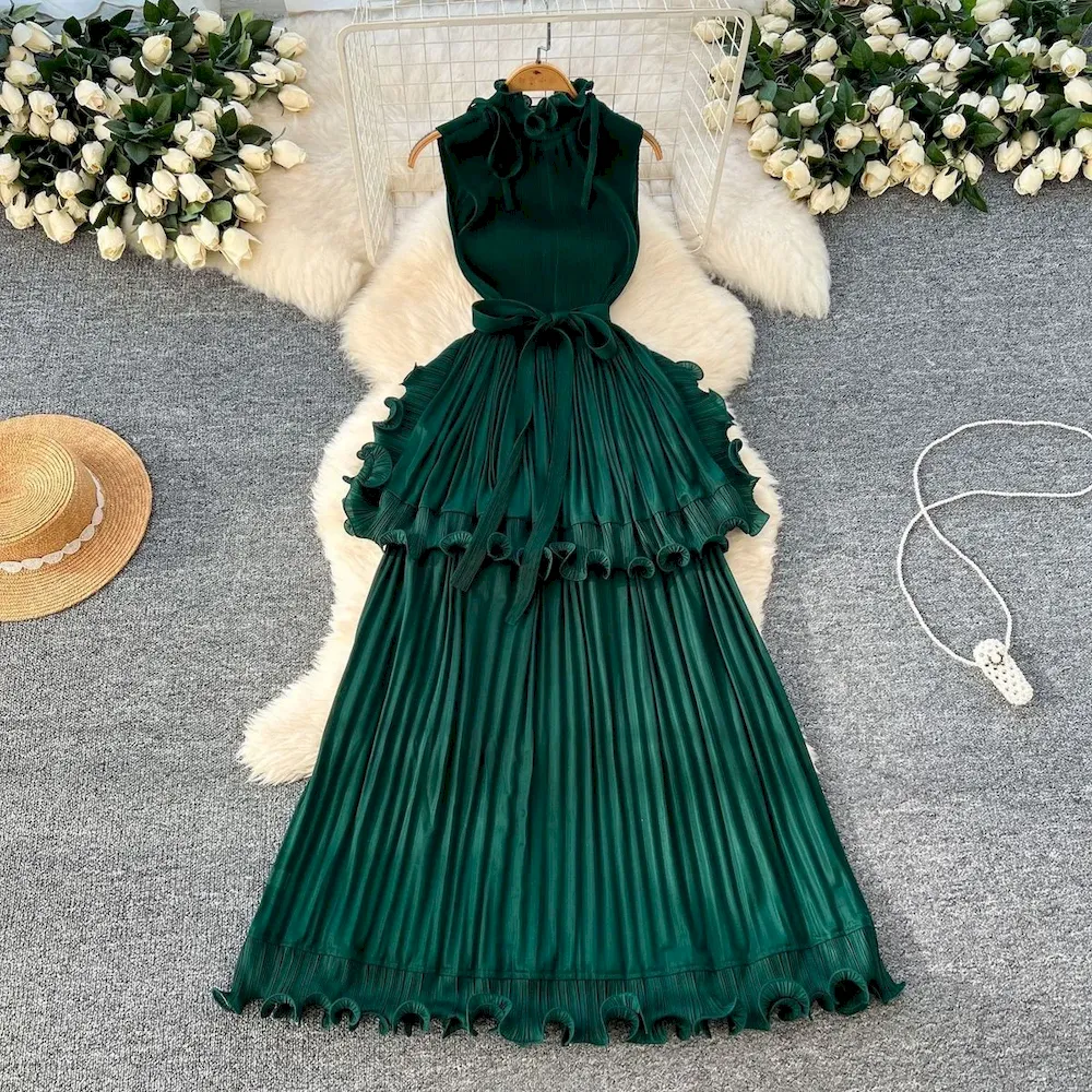African Women Summer Pleated Ruffled Elegant Chic Solid Color Maxi Dress - Image 5