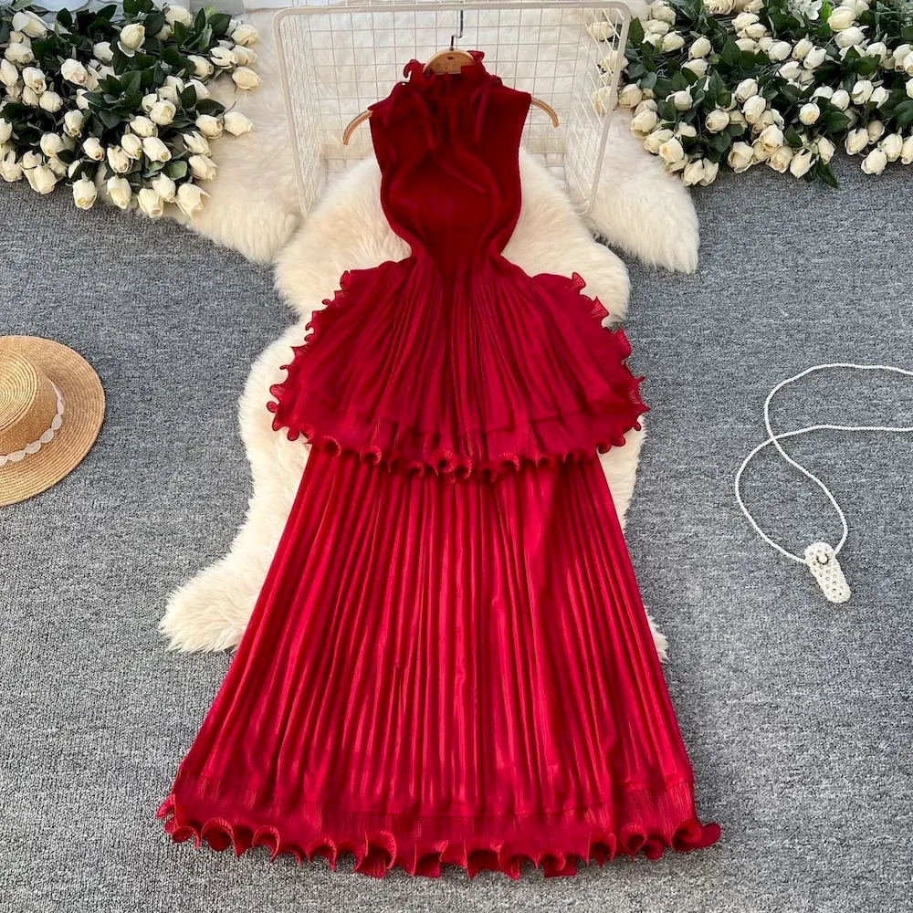 African Women Summer Pleated Ruffled Elegant Chic Solid Color Maxi Dress - Image 11