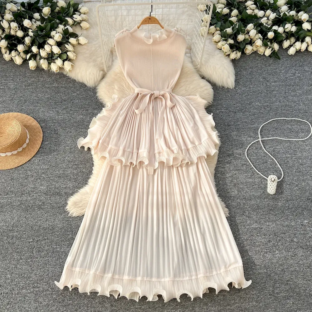 African Women Summer Pleated Ruffled Elegant Chic Solid Color Maxi Dress - Image 12