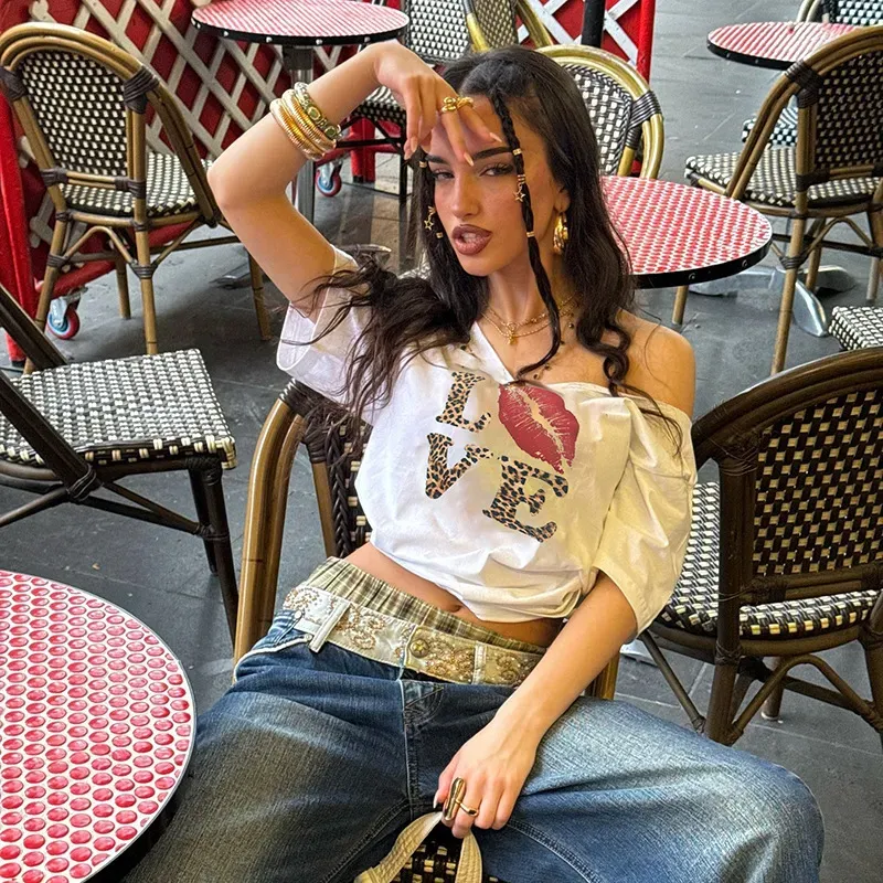 Y2k Women Off-Shoulder V-Neck Loose Casual Love Lip Leopard T-Shirt - Image 3