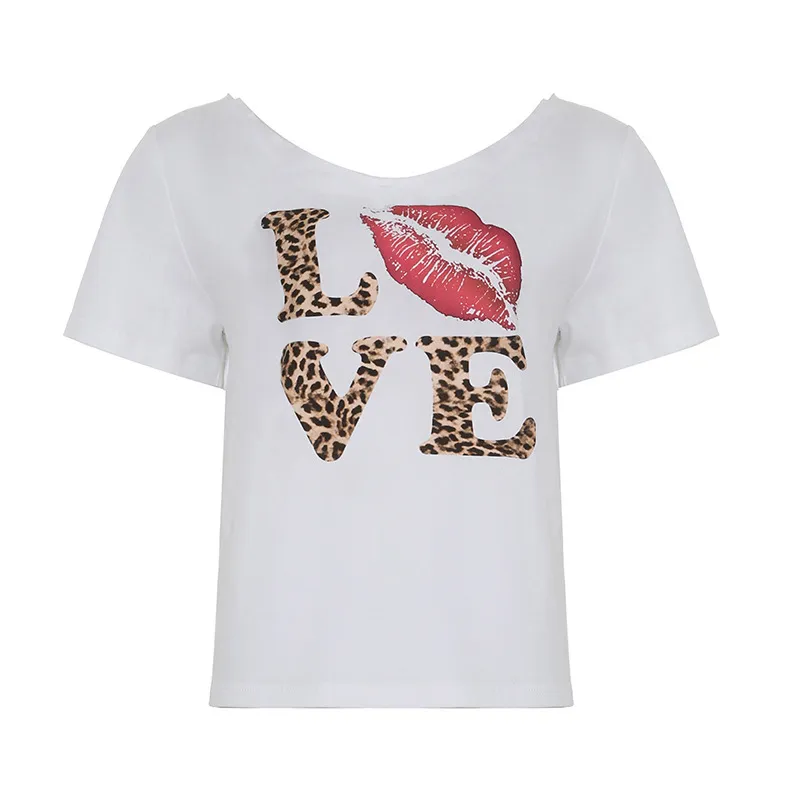 Y2k Women Off-Shoulder V-Neck Loose Casual Love Lip Leopard T-Shirt - Image 4