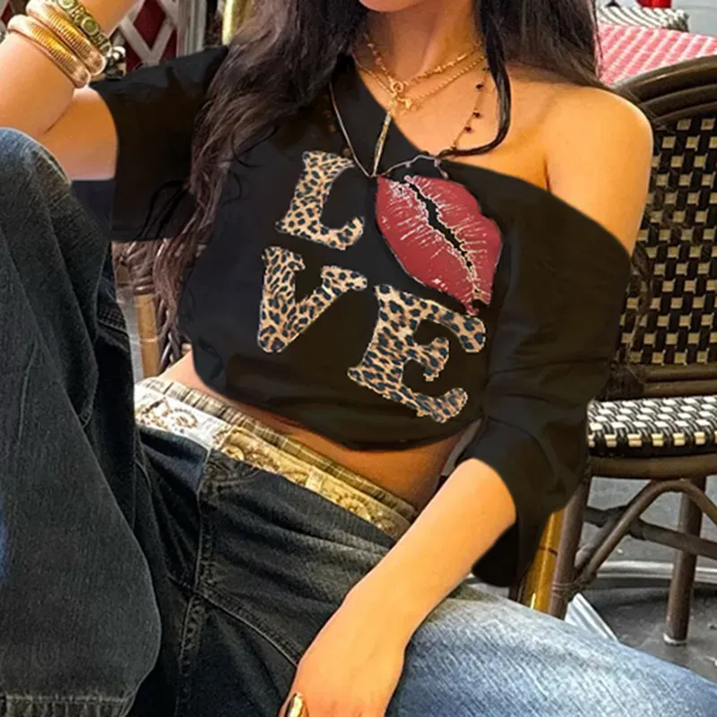 Y2k Women Off-Shoulder V-Neck Loose Casual Love Lip Leopard T-Shirt - Image 5