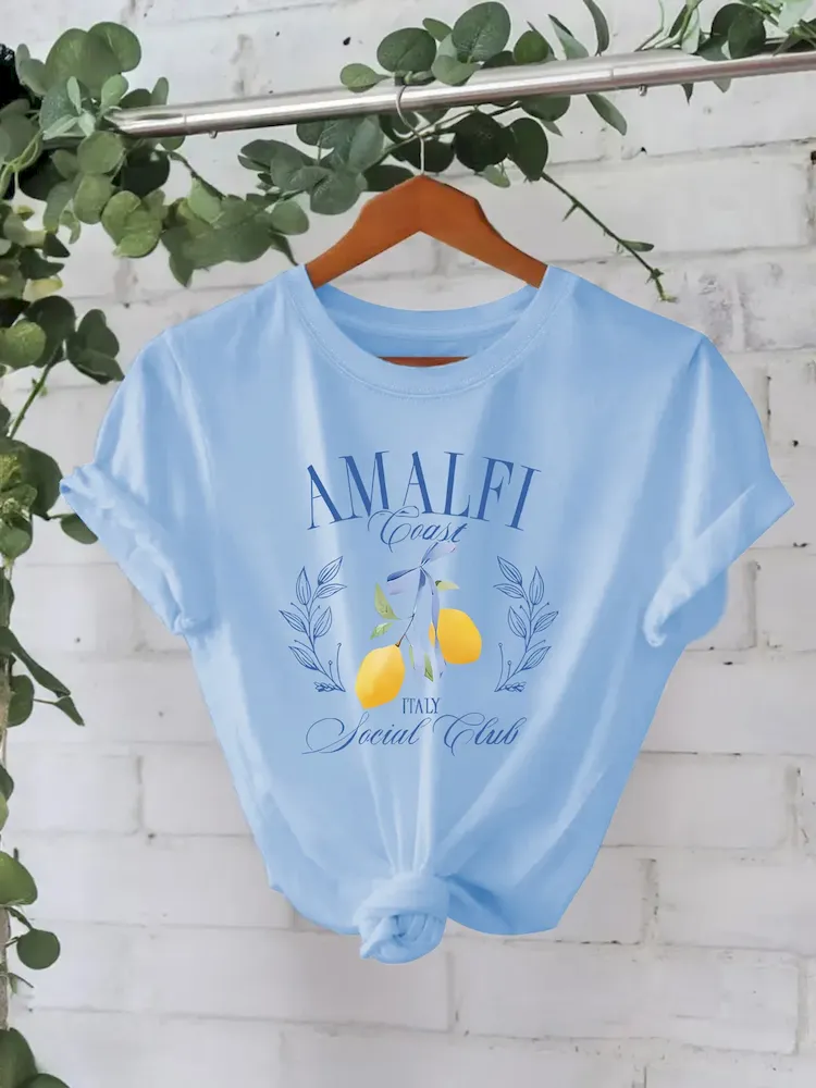 Women Pure Cotton Summer Short Sleeve Round Neck Lemon Pattern Printed T-Shirt - Image 5