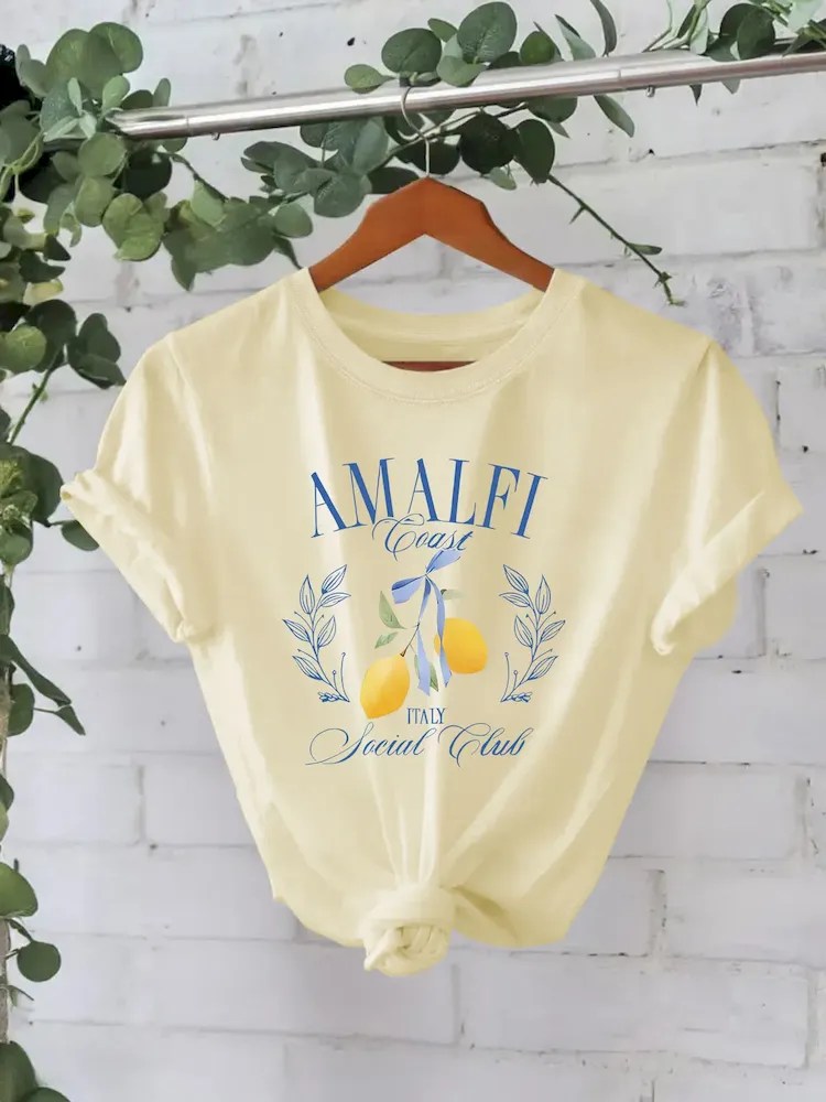 Women Pure Cotton Summer Short Sleeve Round Neck Lemon Pattern Printed T-Shirt - Image 6