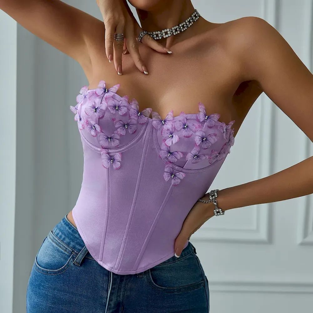 Women Satin Butterfly Strapless Diamond Steel Ring Fishbone Top Corset - Image 3