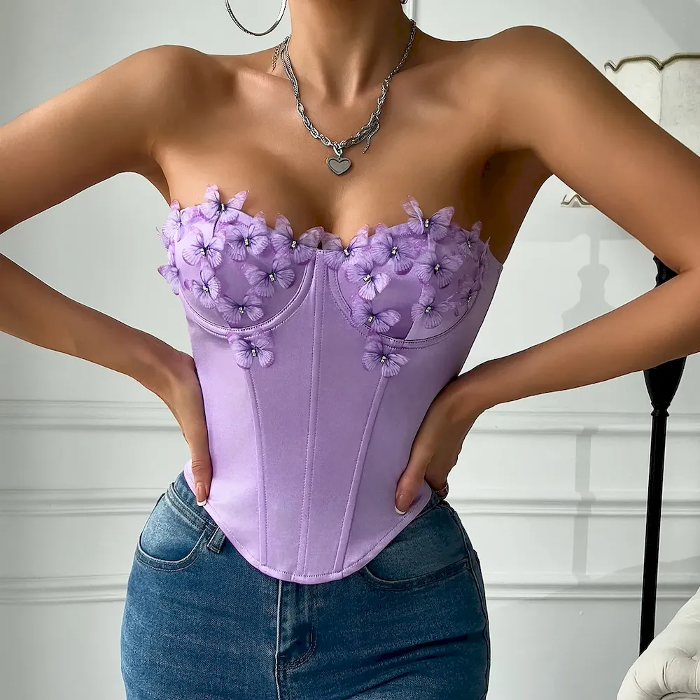 Women Satin Butterfly Strapless Diamond Steel Ring Fishbone Top Corset - Image 6