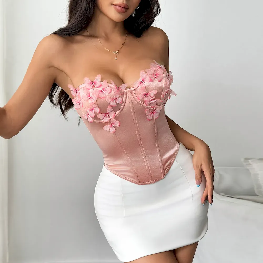 Women Satin Butterfly Strapless Diamond Steel Ring Fishbone Top Corset - Image 7