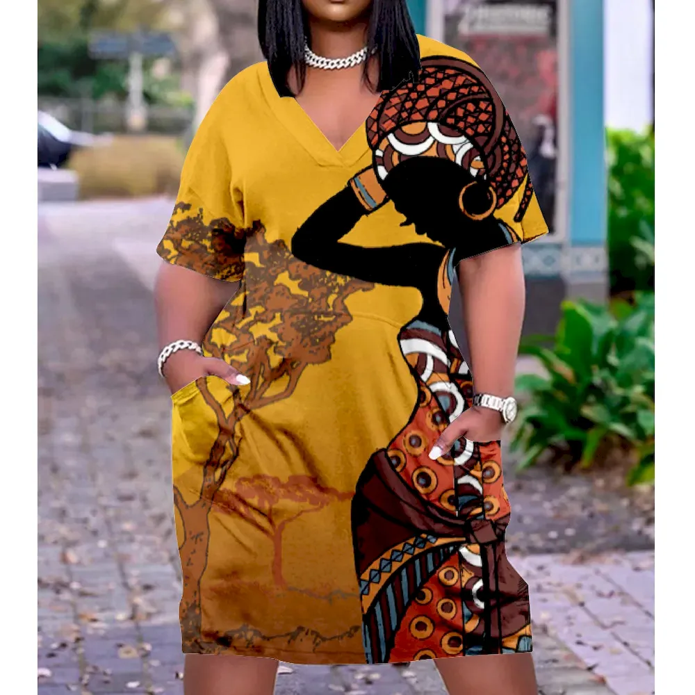 Women Fashion Casual Plus Size Printed V-Neck Short-Sleeve Loose Dress - Image 3