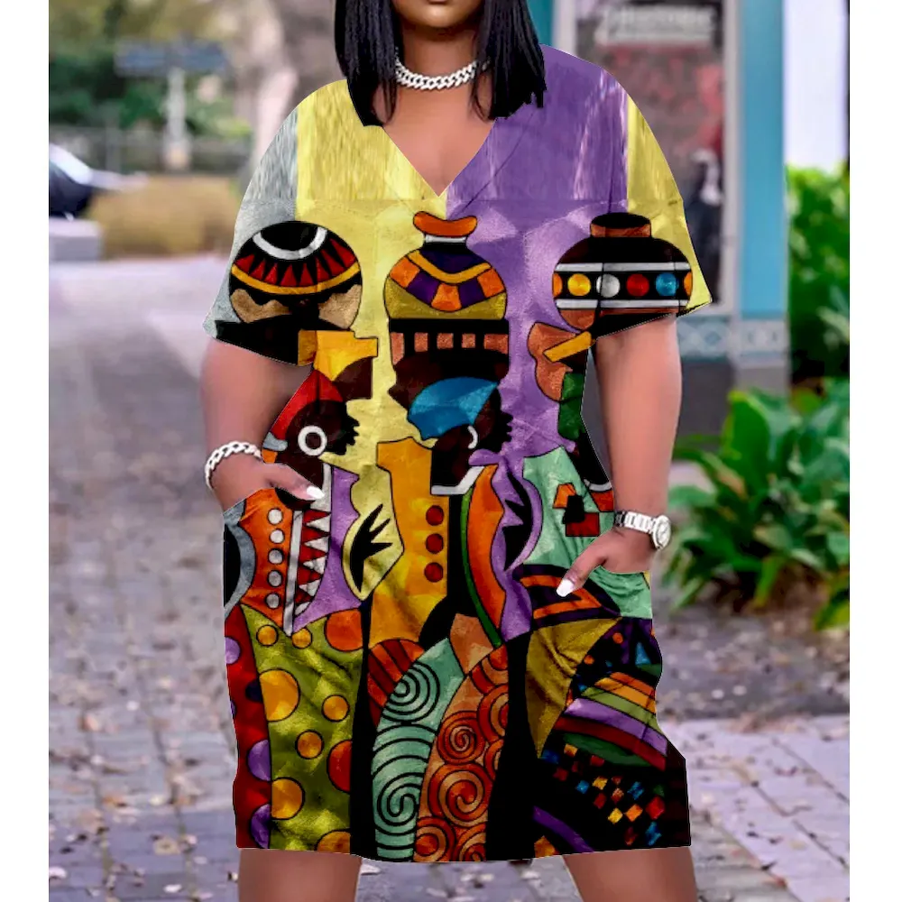 Women Fashion Casual Plus Size Printed V-Neck Short-Sleeve Loose Dress - Image 6