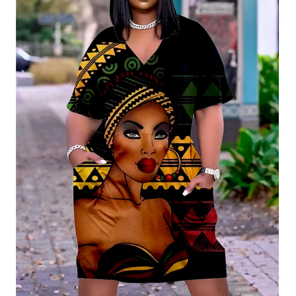 Women Fashion Casual Plus Size Printed V-Neck Short-Sleeve Loose Dress - Image 14