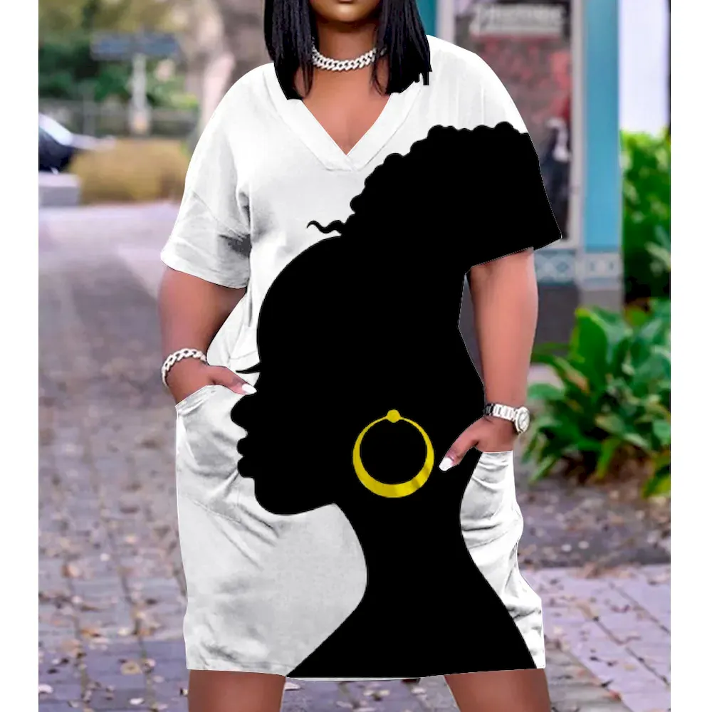 Women Fashion Casual Plus Size Printed V-Neck Short-Sleeve Loose Dress - Image 16