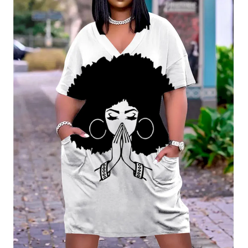 Women Fashion Casual Plus Size Printed V-Neck Short-Sleeve Loose Dress - Image 31