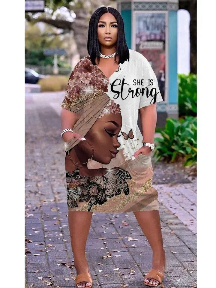 Women Fashion Casual Plus Size Printed V-Neck Short-Sleeve Loose Dress - Image 41