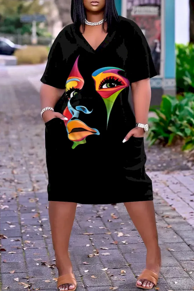 Women Fashion Casual Plus Size Printed V-Neck Short-Sleeve Loose Dress - Image 45
