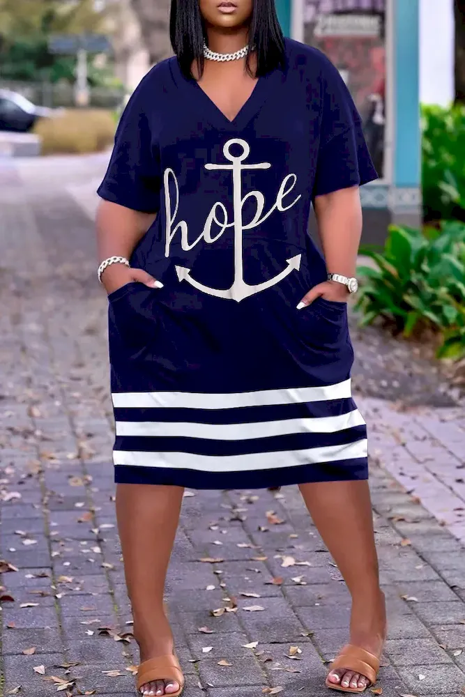 Women Fashion Casual Plus Size Printed V-Neck Short-Sleeve Loose Dress - Image 47