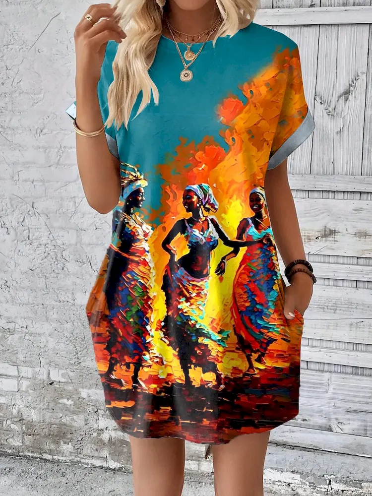 Women Fashion Casual Plus Size Printed V-Neck Short-Sleeve Loose Dress - Image 54
