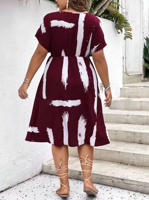 Women Fashion Casual Plus Size Printed V-Neck Short-Sleeve Loose Dress - Image 3