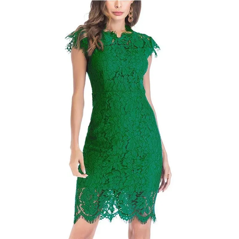 Women Fashion Sexy Solid Color Lace Short-Sleeve Slim Fit Dress - Image 3