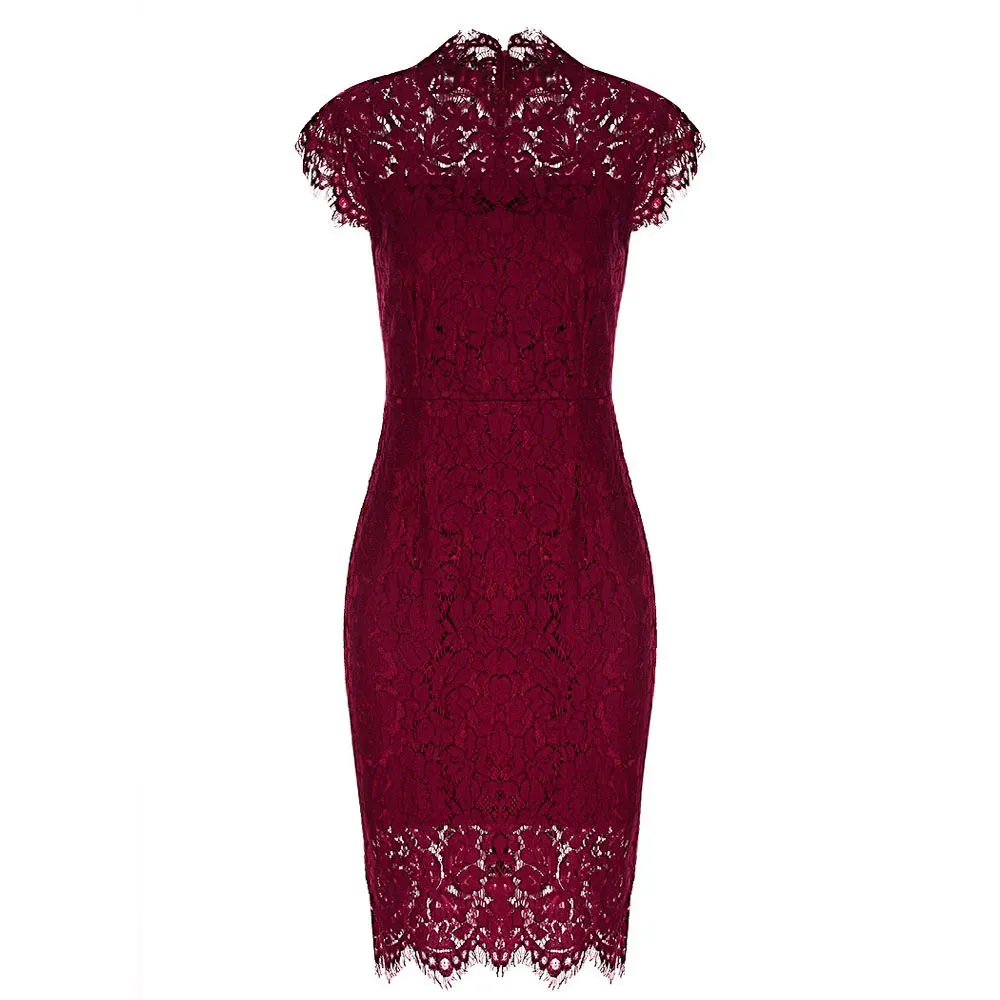 Women Fashion Sexy Solid Color Lace Short-Sleeve Slim Fit Dress - Image 5