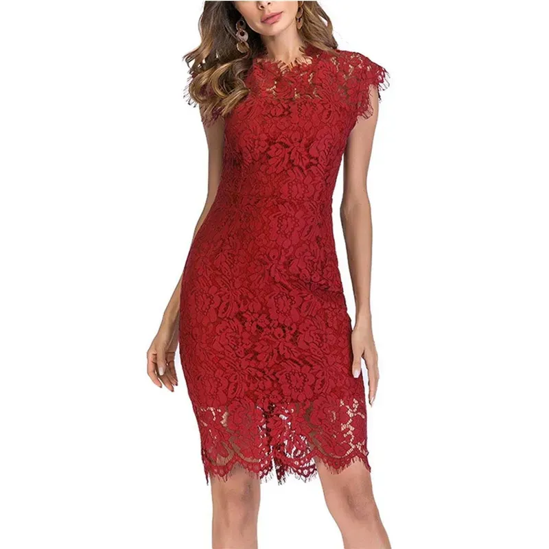 Women Fashion Sexy Solid Color Lace Short-Sleeve Slim Fit Dress - Image 7