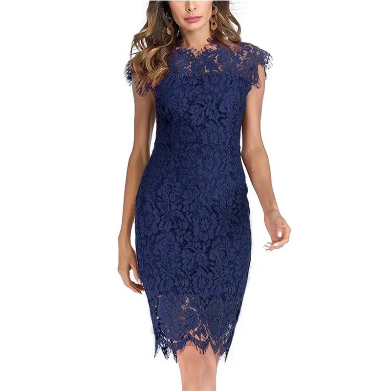 Women Fashion Sexy Solid Color Lace Short-Sleeve Slim Fit Dress - Image 8
