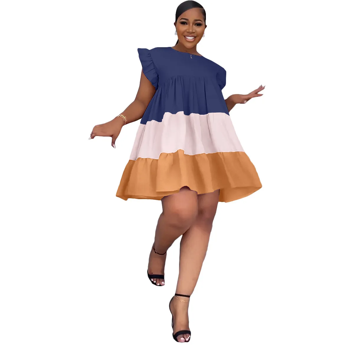 Women Fashion Elegant Contrast Color Stitching Round Neck Ruffled Sleeve Loose Dress - Image 3