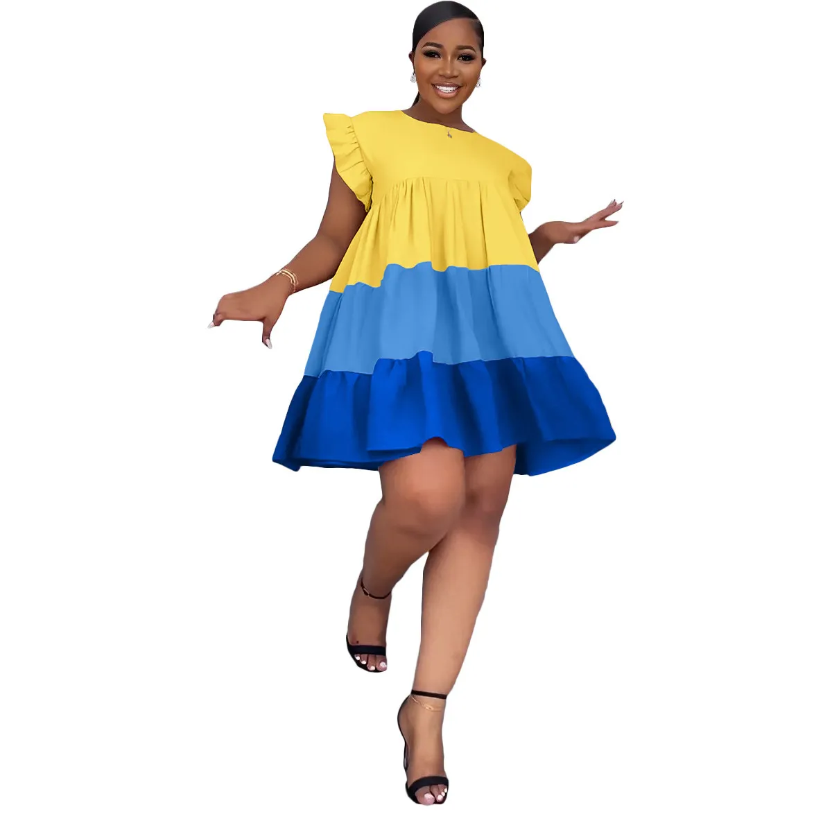 Women Fashion Elegant Contrast Color Stitching Round Neck Ruffled Sleeve Loose Dress - Image 5