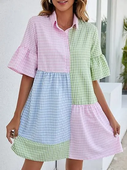 Women Fashion Casual Plaid Stitching Lapel Short-Sleeve Loose Dress - Image 3