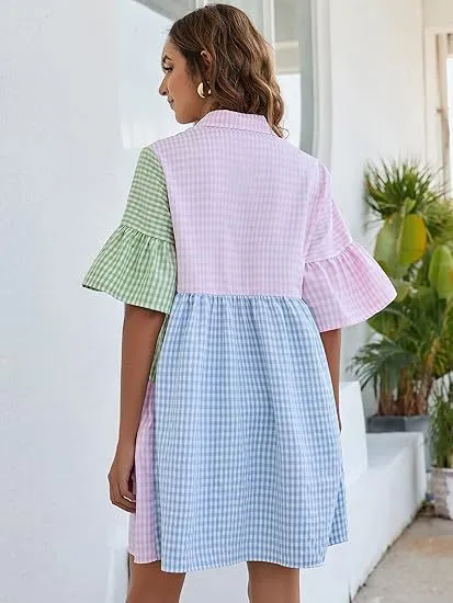 Women Fashion Casual Plaid Stitching Lapel Short-Sleeve Loose Dress - Image 4