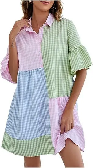 Women Fashion Casual Plaid Stitching Lapel Short-Sleeve Loose Dress - Image 5