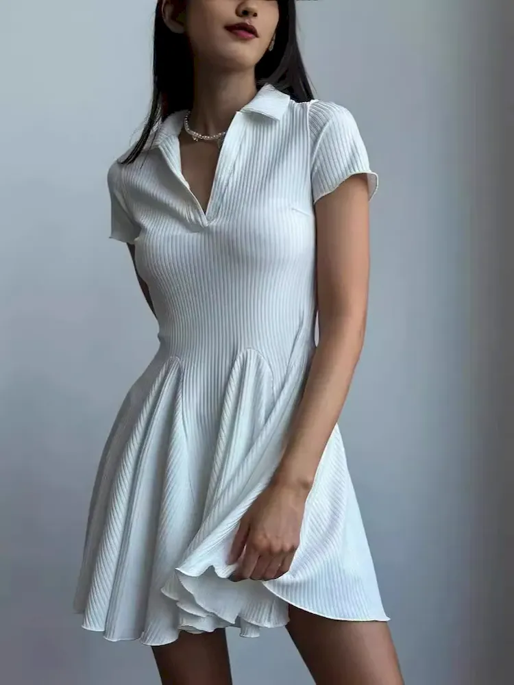 Women Fashion Simple Solid Color Lapel Short-Sleeve Dress - Image 4