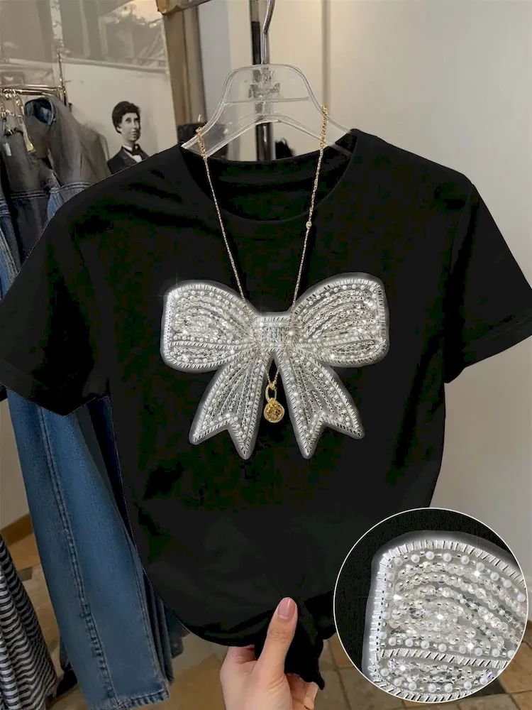 Summer Women Fashion Casual Loose Round Neck Bow Print Short Sleeve T-Shirt - Image 3