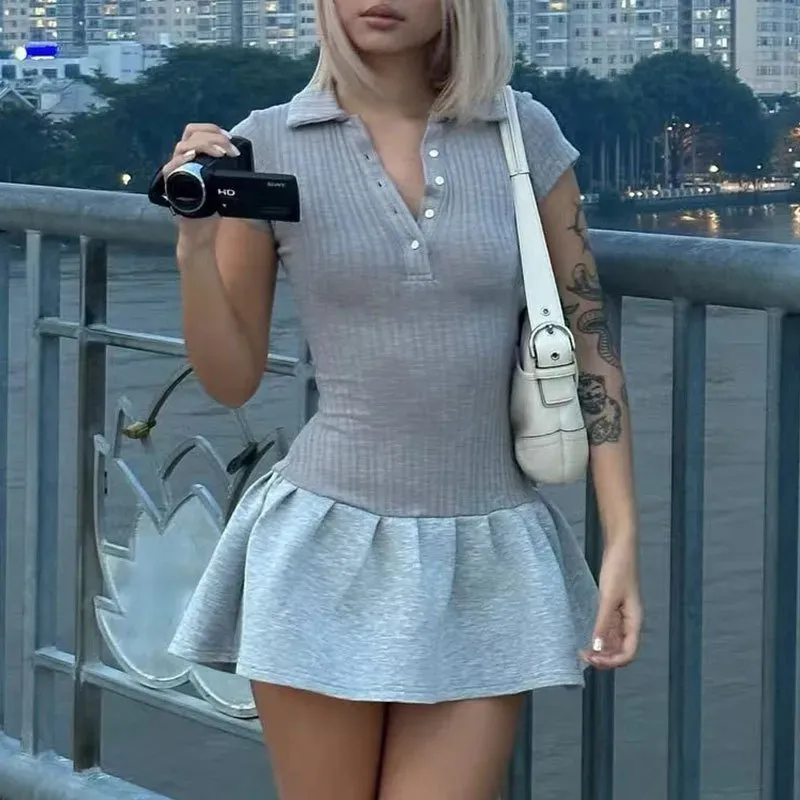 Women Fashion Sexy Splicing Solid Color Lapel Short-Sleeve Slim-Fit Dress - Image 4