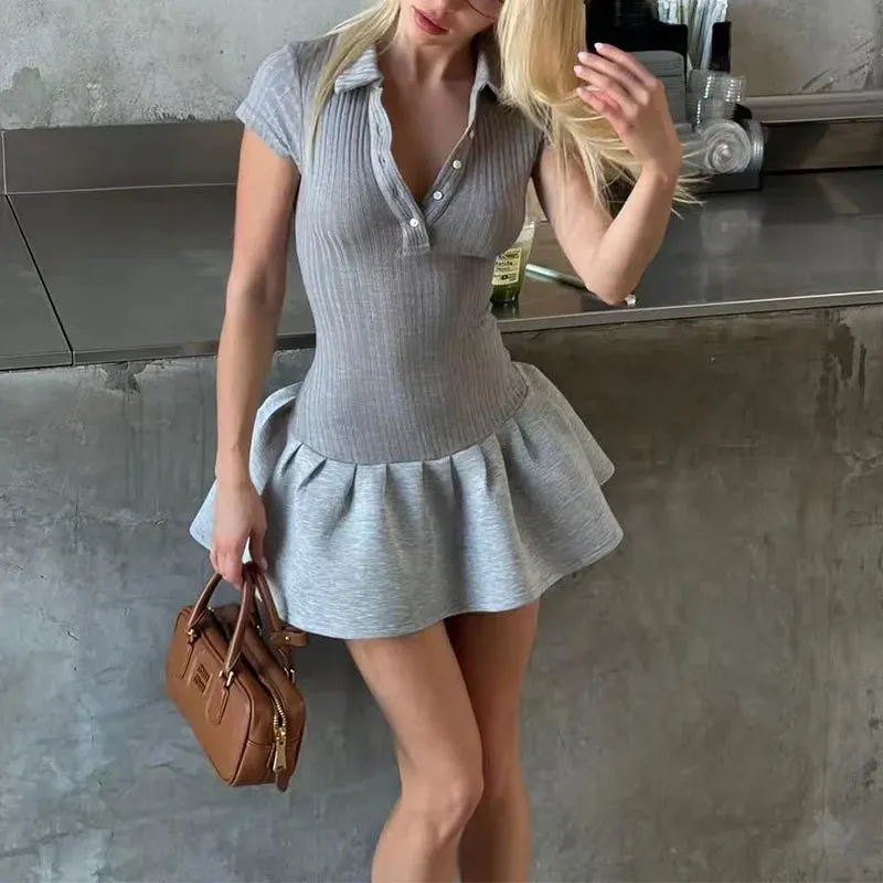 Women Fashion Sexy Splicing Solid Color Lapel Short-Sleeve Slim-Fit Dress - Image 5