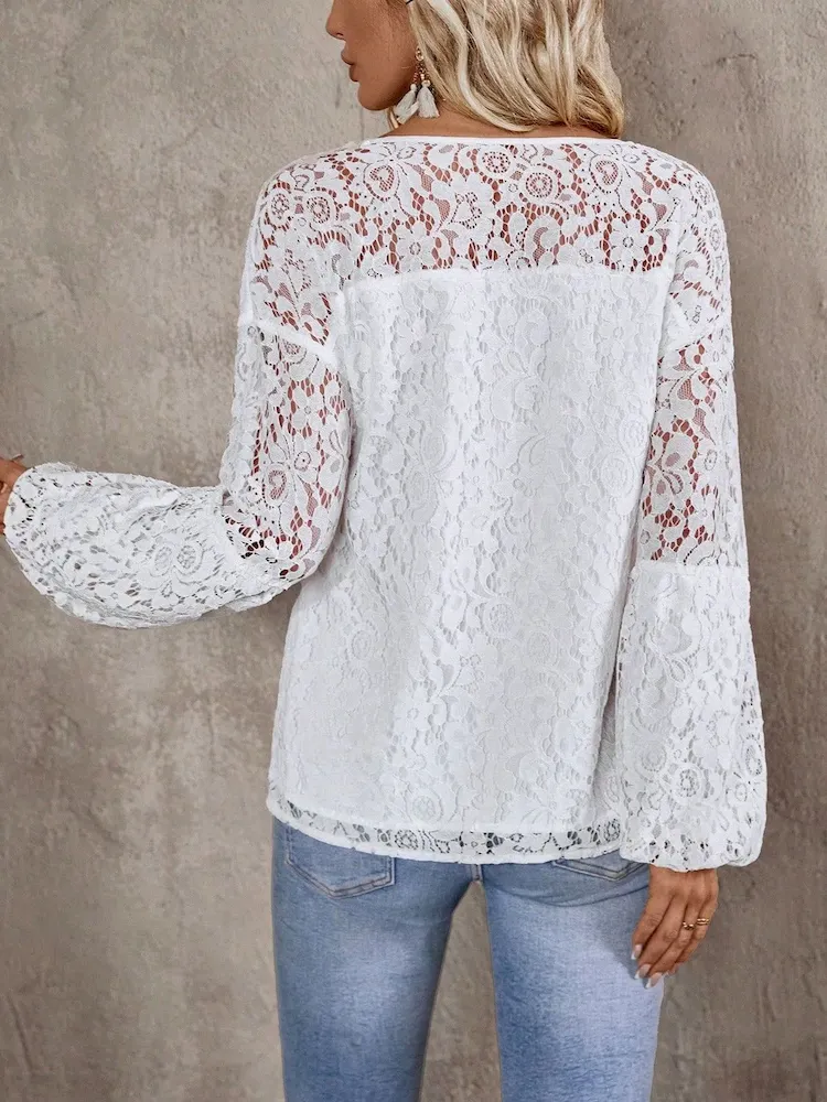 Women Fashion Elegant Lace Stitching V-Neck Long Sleeve Blouse - Image 3