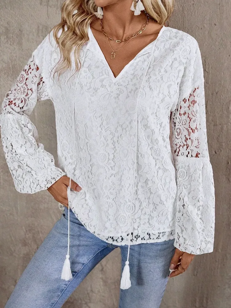 Women Fashion Elegant Lace Stitching V-Neck Long Sleeve Blouse - Image 4