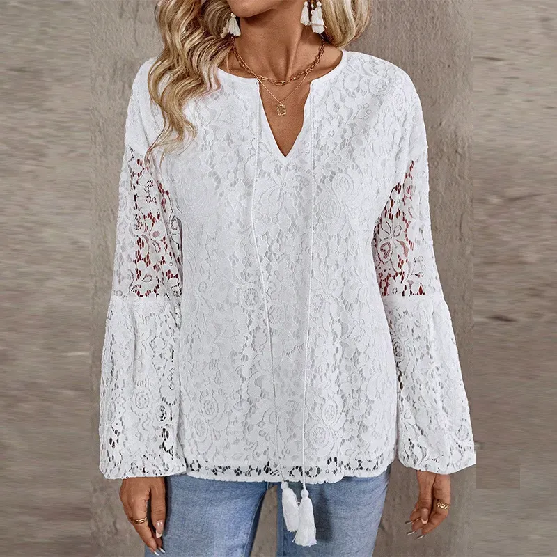 Women Fashion Elegant Lace Stitching V-Neck Long Sleeve Blouse - Image 5
