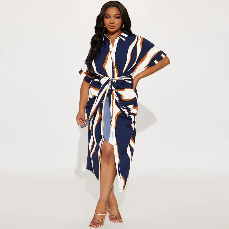 Women Fashion Plus Size Stripe Lapel Short Sleeve Lace-Up Dress